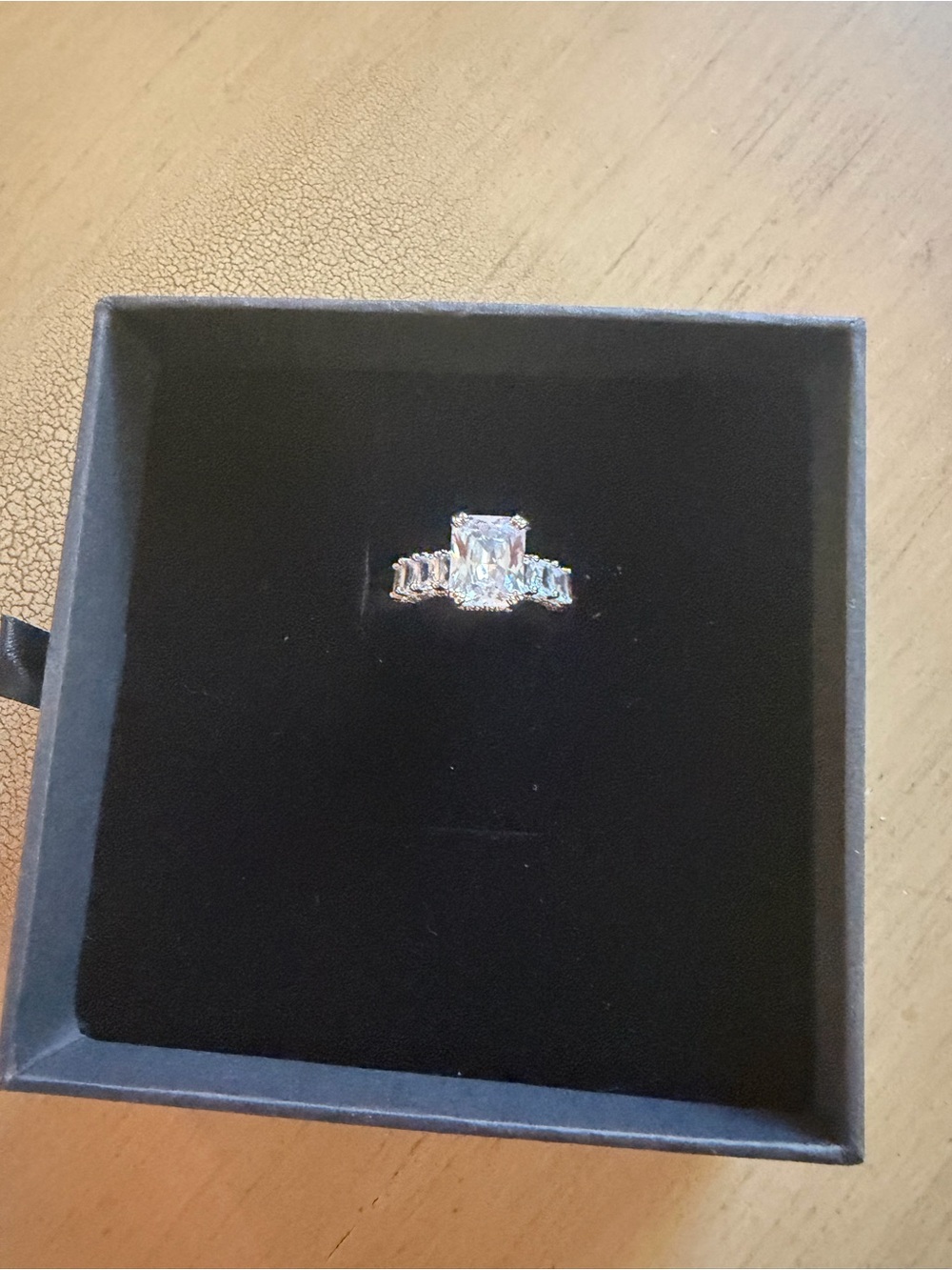 Elegant Emerald-Cut Silver-tone Cubic Zirconia Engagement Ring - Silver size 5
